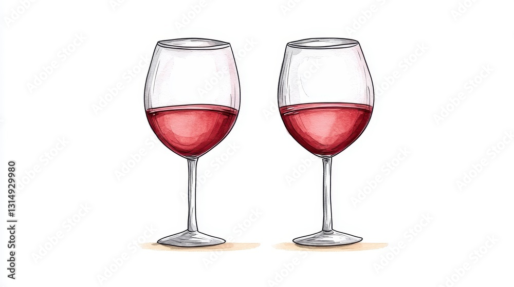 Two Glasses of Rose Wine, Hand Drawn Illustration Two Glasses of Rose Wine, Hand Drawn Illustration
