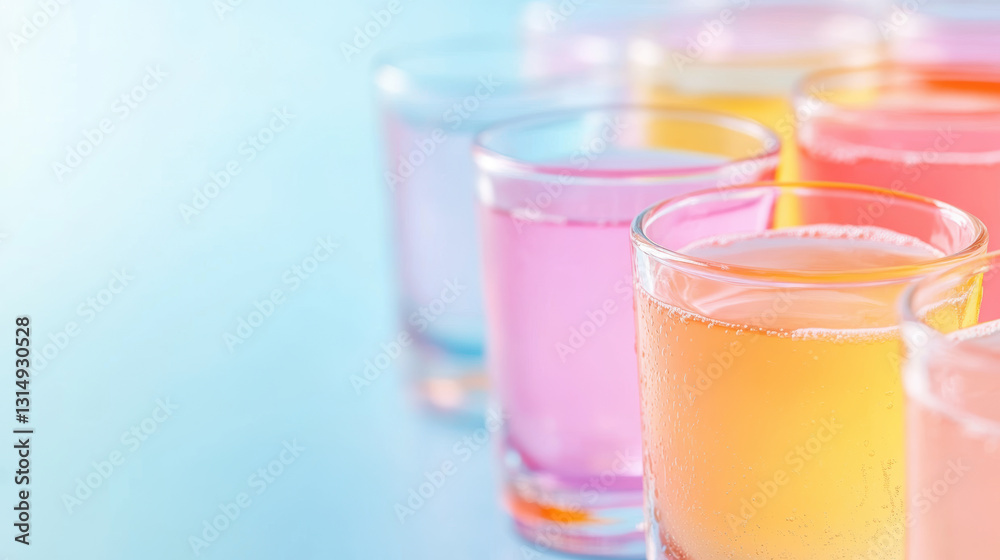 Colorful glasses of refreshing beverages with condensation on a light blue surface Colorful glasses of refreshing beverages with condensation on a light blue surface