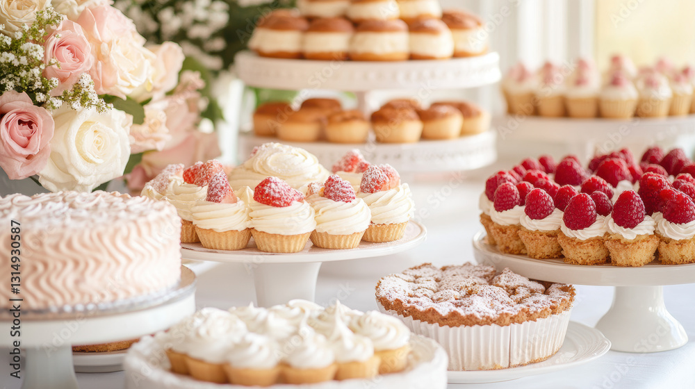 Elegant dessert table with variety of cakes, cupcakes, and pastries adorned with fresh berries and flowers Elegant dessert table with variety of cakes, cupcakes, and pastries adorned with fresh berries and flowers