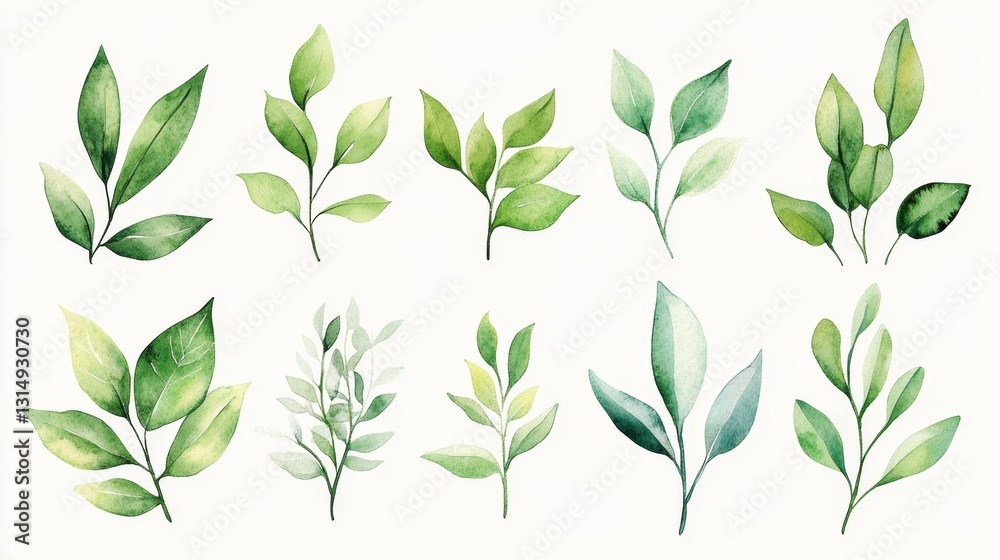 Creating a fresh natural watercolor set of green leaves artistic studio digital artwork creative space aesthetic concept Creating a fresh natural watercolor set of green leaves artistic studio digital artwork creative space aesthetic concept