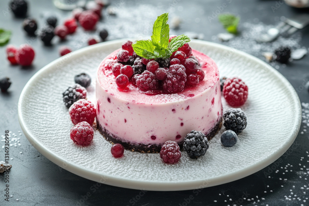 Berry cheesecake adorned with fresh berries and mint on a white plate. Berry cheesecake adorned with fresh berries and mint on a white plate.