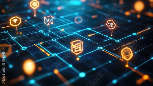 Business communication network concept with futuristic data and glowing icons.