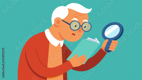A senior using a handheld magnifier to read small text a useful tool for those with vision impairments.. Vector illustration