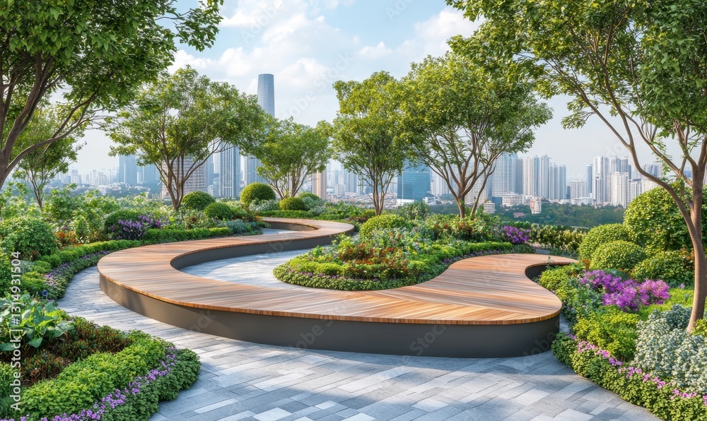Fototapeta premium Rooftop garden with curved benches, city view