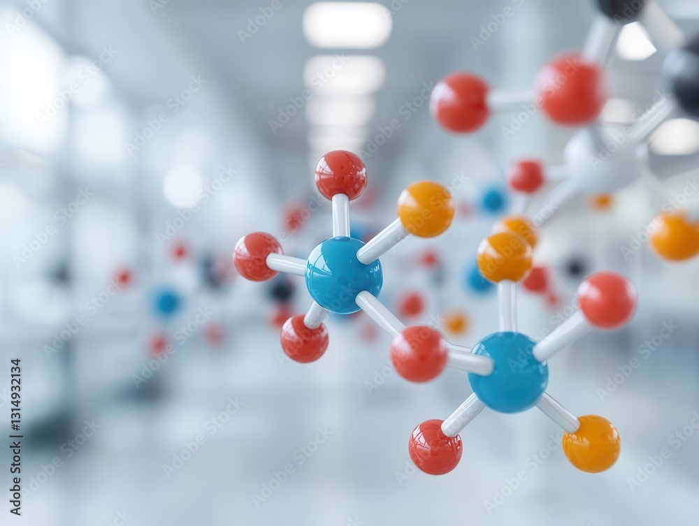 Floating molecular models glowing in a sterile, white research environment Floating molecular models glowing in a sterile, white research environment
