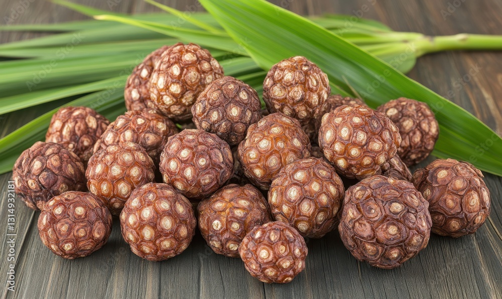 Obraz premium Rattan seeds and palm leaves on wood table, ingredient for crafts