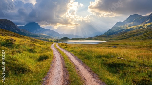 Scenic dirt road leading to a serene mountain lake. Sunlight streams through dramatic clouds