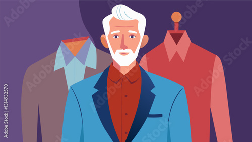 An older male designer dressed in his signature tailored suit proudly presents his latest collection of stylish and functional clothing for mature men.. Vector illustration