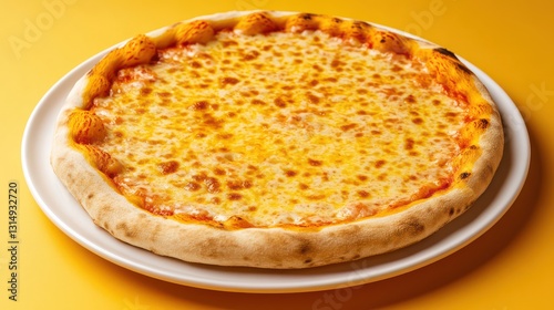 A whole cheese pizza on a white plate, the cheese slightly golden and bubbly, set against a solid yellow background for a warm, inviting scene.
