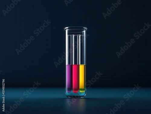 Multicolored chemical reaction inside a test tube, representing biosynthetic processes