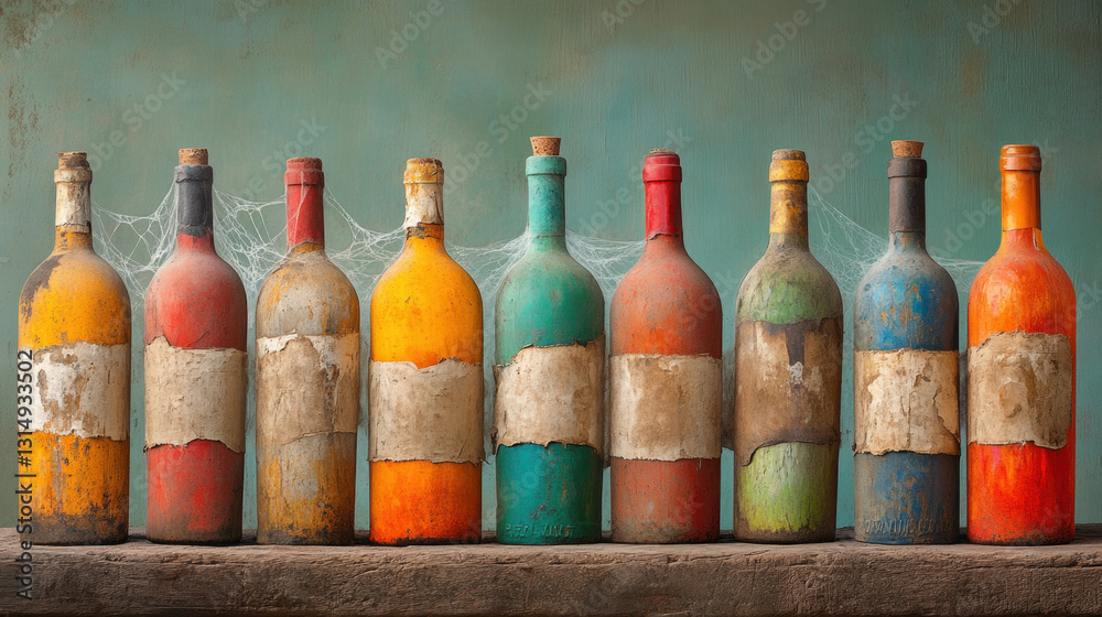 A dusty collection of wine bottles in an artistic composition. A dusty collection of wine bottles in an artistic composition.