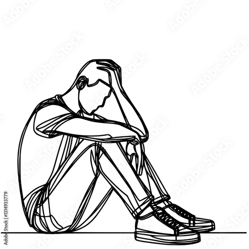 sit and frustrated man, one line art, isolated on white