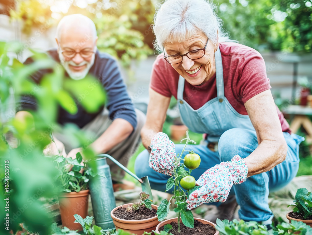 Fototapeta premium Elderly caucasian couple gardening together in sunlit backyard