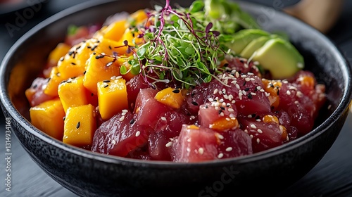 A beautifully plated Hawaiian fusion poke bowl with sushi-grade raw tuna, ripe mango, and creamy avocado, garnished with sesame seeds and microgreens, served on a deep black ceramic plate.