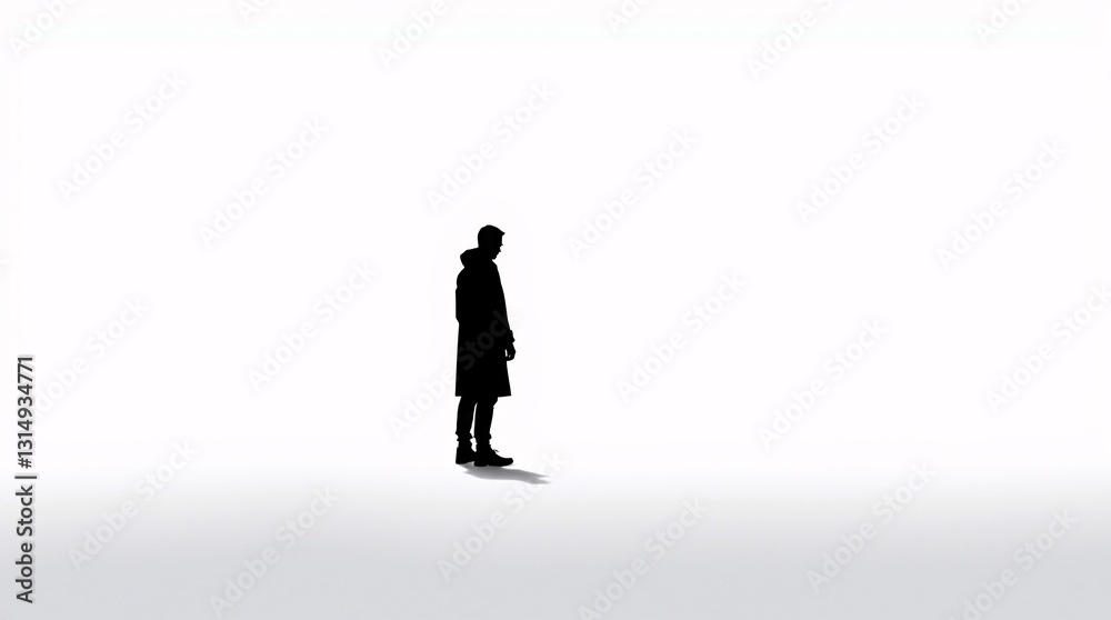 Minimalist Lone Figure Silhouette Against Bright White Background Minimalist Lone Figure Silhouette Against Bright White Background