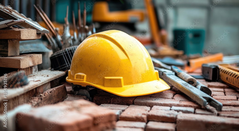 Yellow construction helmet rests on a stack of bricks amidst various tools on a busy construction site during late afternoon. Equipment surrounds the helmet, ready for use Yellow construction helmet rests on a stack of bricks amidst various tools on a busy construction site during late afternoon. Equipment surrounds the helmet, ready for use