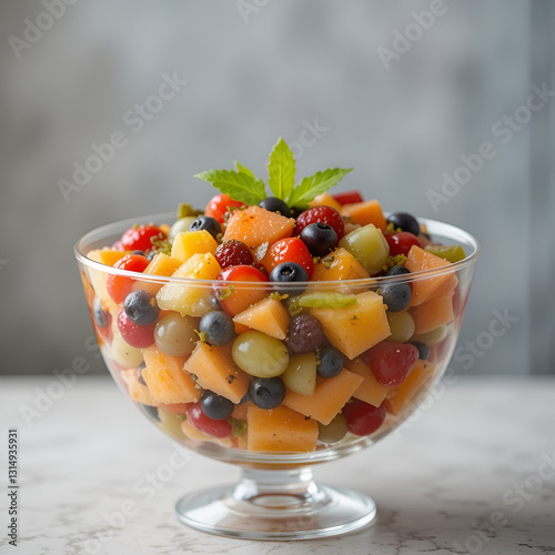 Salada de frutas colorida em uma tigela transparente