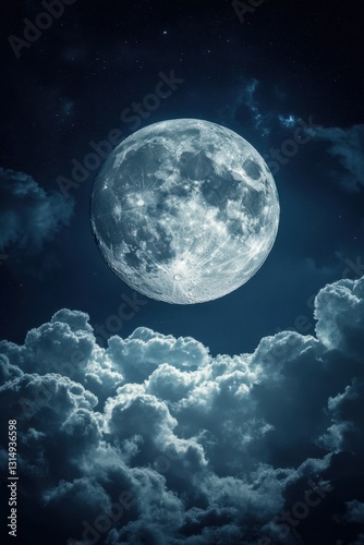 Majestic full moon shining brightly above fluffy clouds in a dark blue sky with distant stars