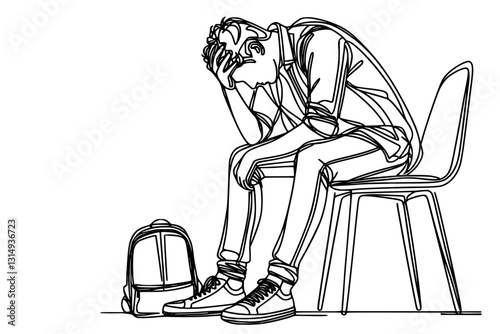 sit and frustrated man, one line art, isolated on white