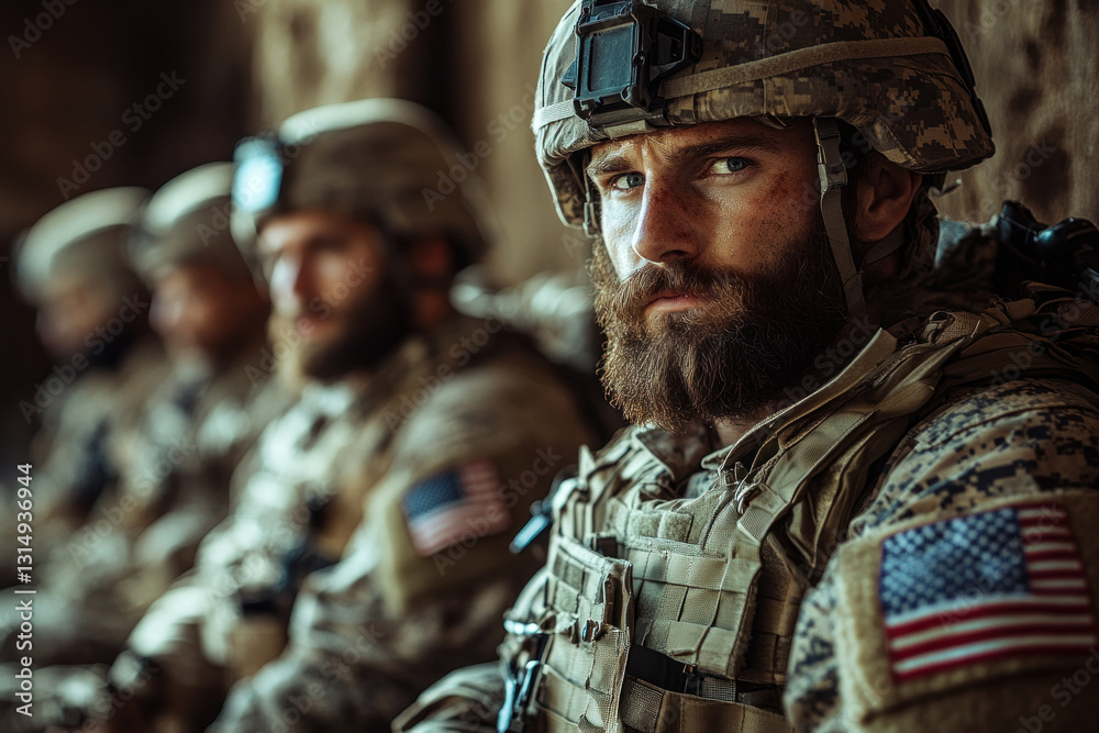 Soldier in uniform stands before fellow soldiers, commanding attention and respect. Soldier in uniform stands before fellow soldiers, commanding attention and respect.