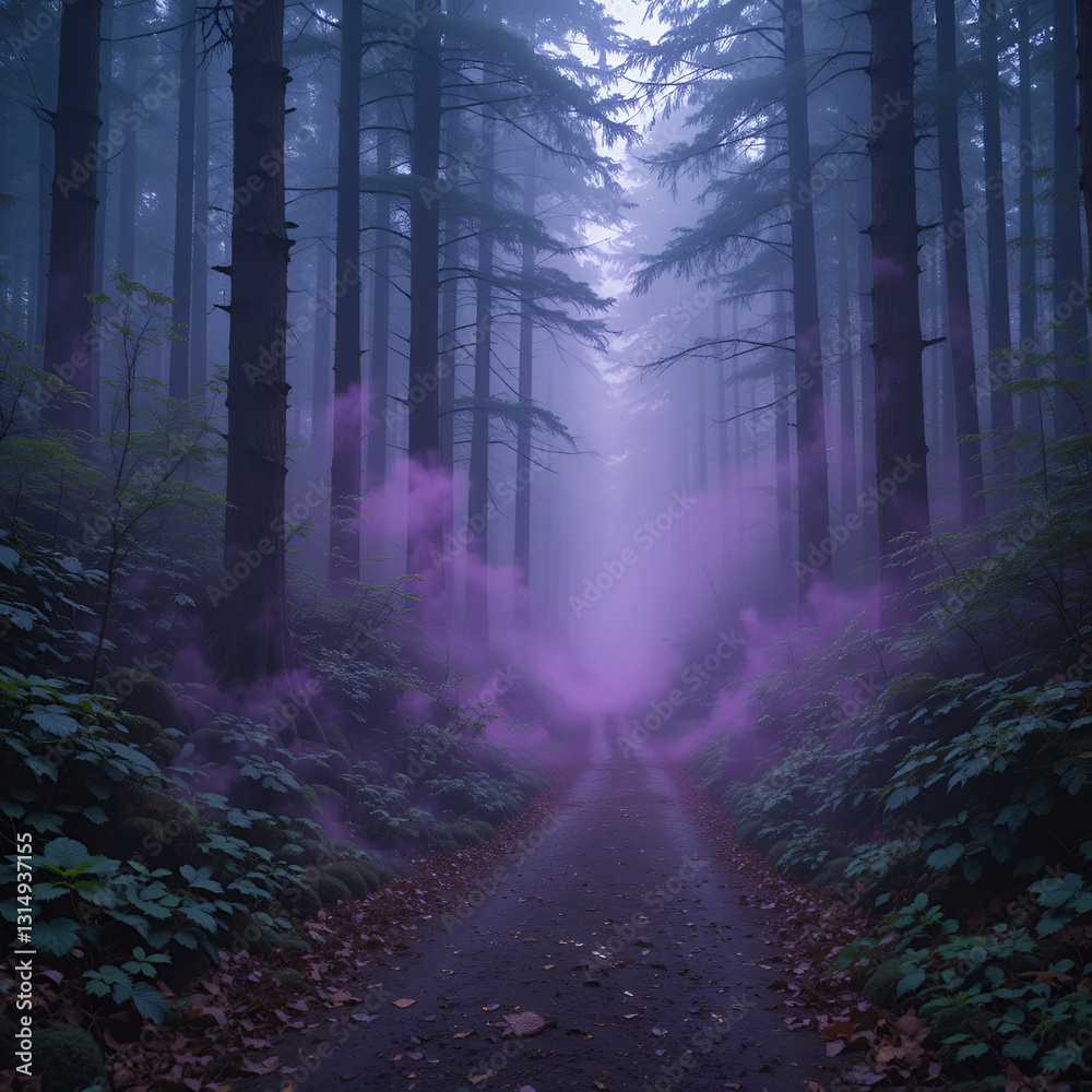 Fototapeta premium Softly glowing purple mist rises from the ground on a quiet forest path with tall trees and underbrush, dense foliage, purple fog