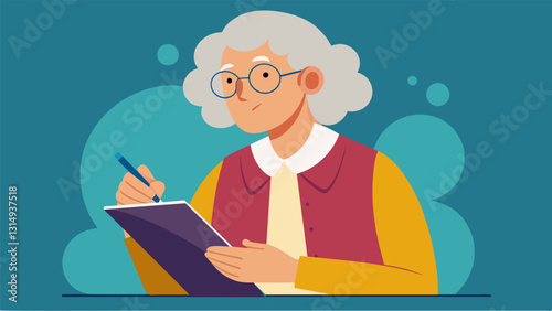 An elderly woman carefully takes notes during a biology lecture determined to understand the material.. Vector illustration