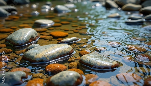 serene stream with colorful river stones, sunlight reflections, ultra-high-definition