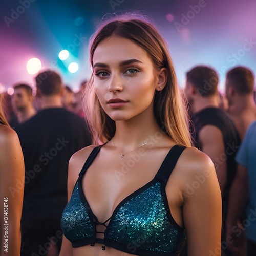 young woman at techno rave festival with colorful lights