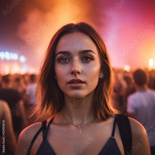 young woman at techno rave festival with colorful lights