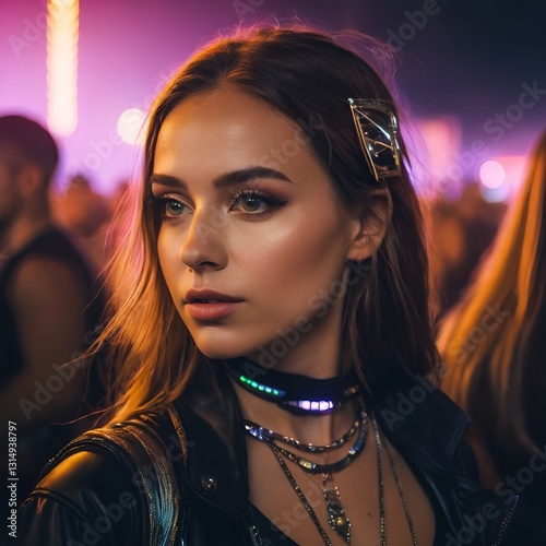 young woman at techno rave festival with colorful lights