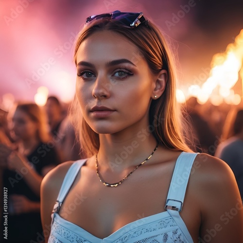 young woman at techno rave festival with colorful lights