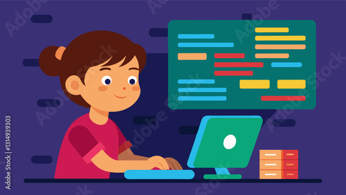 With intense concentration a child types out a sequence of code determined to make a Java program that spells their name in different colors.. Vector illustration