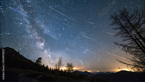 stunning meteor shower streaks across night sky, illuminating Milky Way and surrounding mountains. serene landscape captures beauty of cosmos