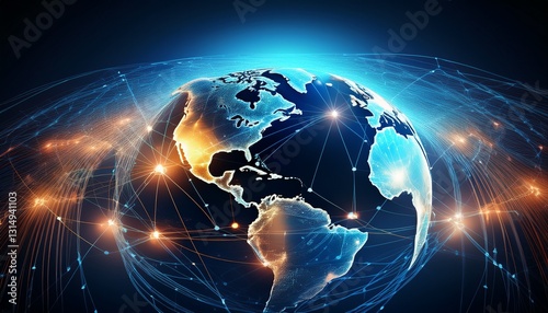 global network illuminated rays connecting continents