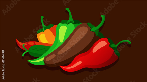 Vibrant red and green peppers pop against the deep brown of the beef adding a fresh crunch to every bite.. Vector illustration