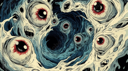 Creepy eyeballs emerging from dark, viscous, and pulsating abyss photo