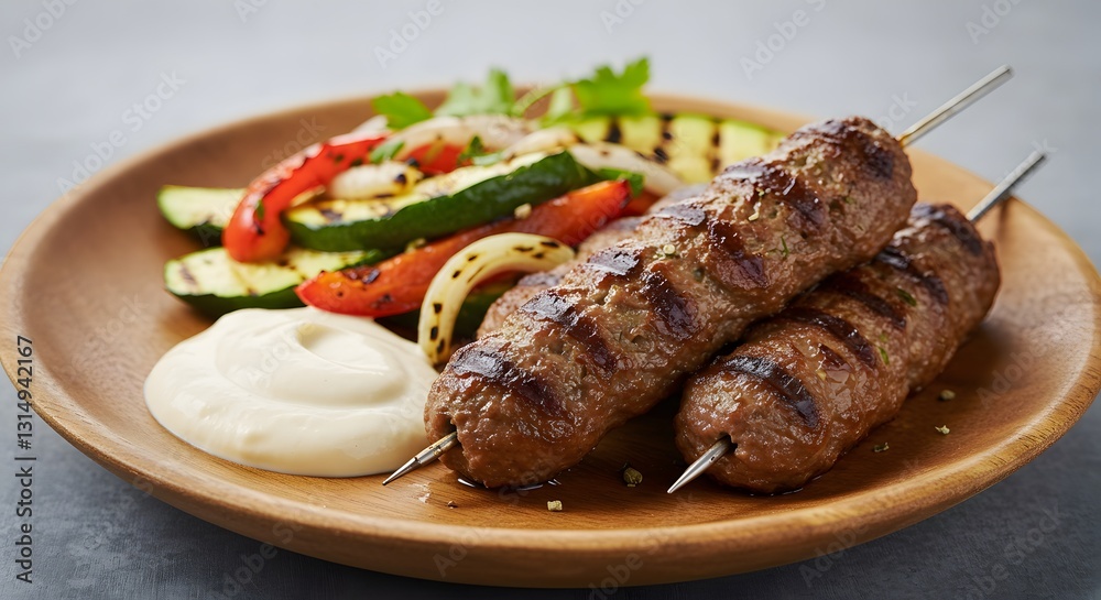 Delicious grilled lamb kofta skewers with roasted vegetables and creamy yogurt sauce food meat meal Delicious grilled lamb kofta skewers with roasted vegetables and creamy yogurt sauce food meat meal