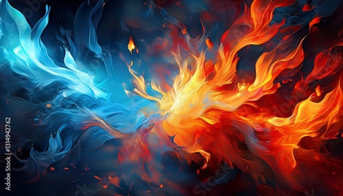 abstract fiery blue and red clashing flames