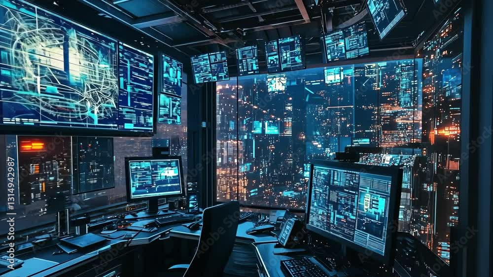 Futuristic Cybersecurity Command Center with Multiple Monitors and Digital Data Interfaces Overlooking a High-Tech Cityscape Futuristic Cybersecurity Command Center with Multiple Monitors and Digital Data Interfaces Overlooking a High-Tech Cityscape