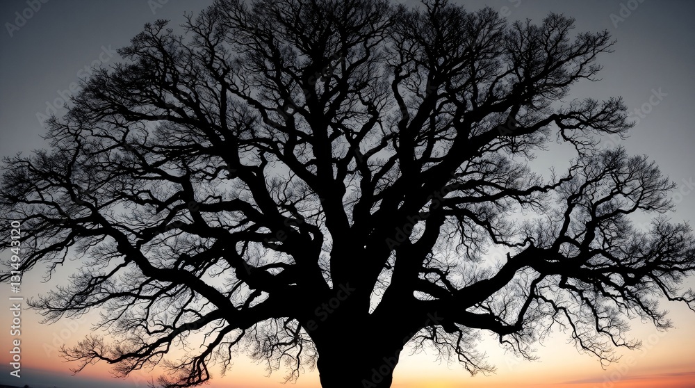 Majestic Oak Tree Silhouette Against Twilight Sky - Detailed Charcoal Artwork Majestic Oak Tree Silhouette Against Twilight Sky - Detailed Charcoal Artwork