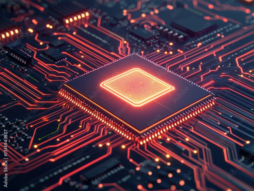 Fototapeta premium Futuristic Neon AI Chip with Glowing Circuit Concept and Patterns