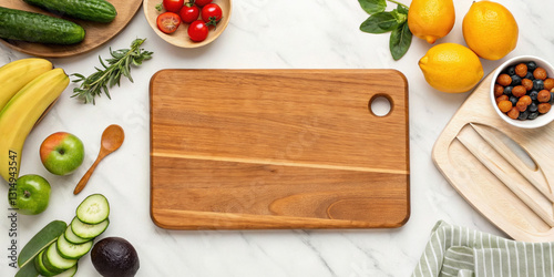Wooden cutting board surrounded by fresh fruits, vegetables, and kitchen utensils on white marble surface