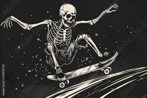 Black and white illustration of a skating skeleton