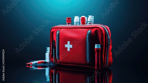 Emergency medical bag with first aid supplies on a reflective surface.