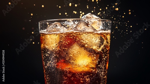 Refreshing beverage with ice and bubbles.