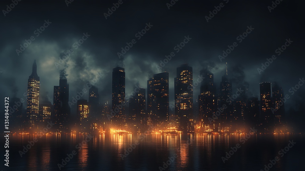 Obraz premium A dark, moody city skyline at night with glowing lights and fog.
