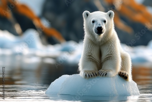 Polar Bear on Ice Floe in Arctic Waters with Snowy Mountains in Background photo