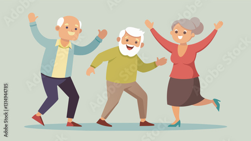 An elderly couple leading the charge in a senior flash mob proving that age is just a number when it comes to dancing.. Vector illustration