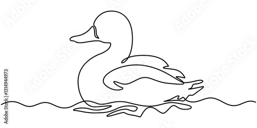 One continuous single line of wood duck swimming in river. Famous bird line art isolated on white background, Duck continuous one line drawing  outline vector illustration, Continuous one line drawing