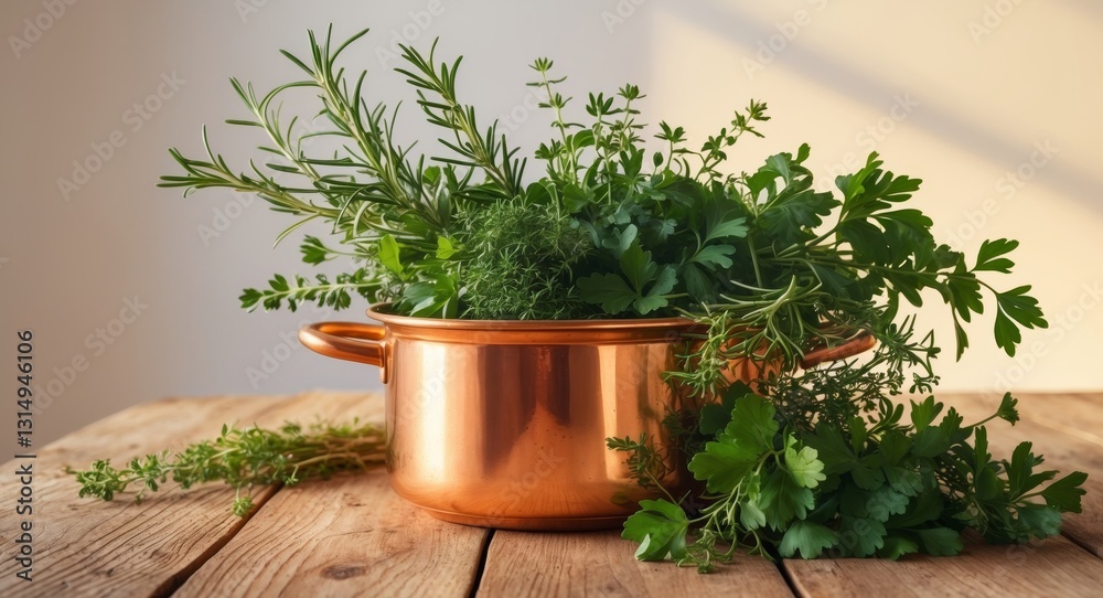 Copper Pot Simmering with Fresh Herbs on Wooden Table Background. Copper Pot Simmering with Fresh Herbs on Wooden Table Background.